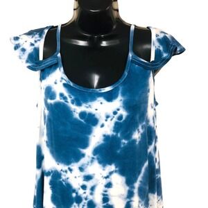NWT Jouica Womens Blue Tie Dye Dress Cover Up Pockets Beachy Cold Shoulder L